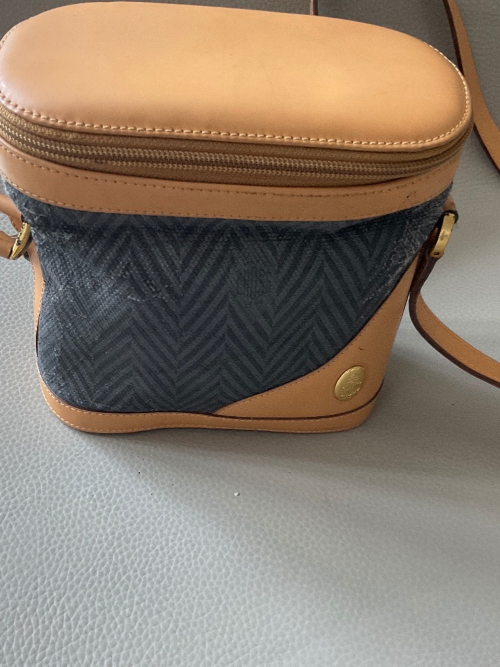 Vintage Mark Cross -cross body Tote bag- Tan leather with grey canvas-